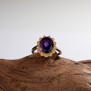 S925 Sterling Silver Ring With Natural Amethyst, Featuring A Floral Design